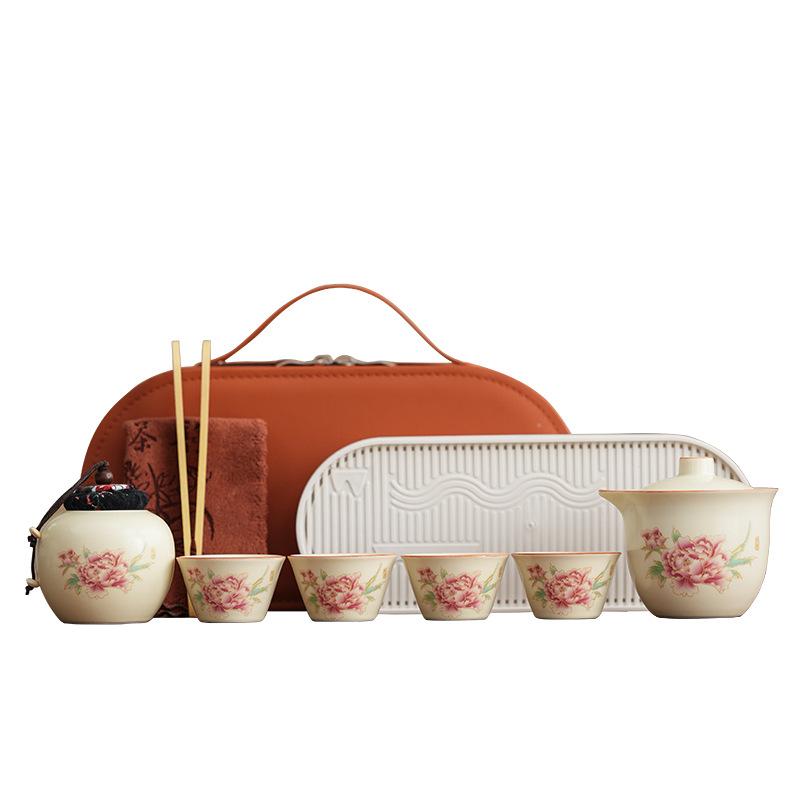 Retro Qingyun Ru Kiln Set Household Light Luxury Peony Kung Fu Tea Set Office Tea Souvenir