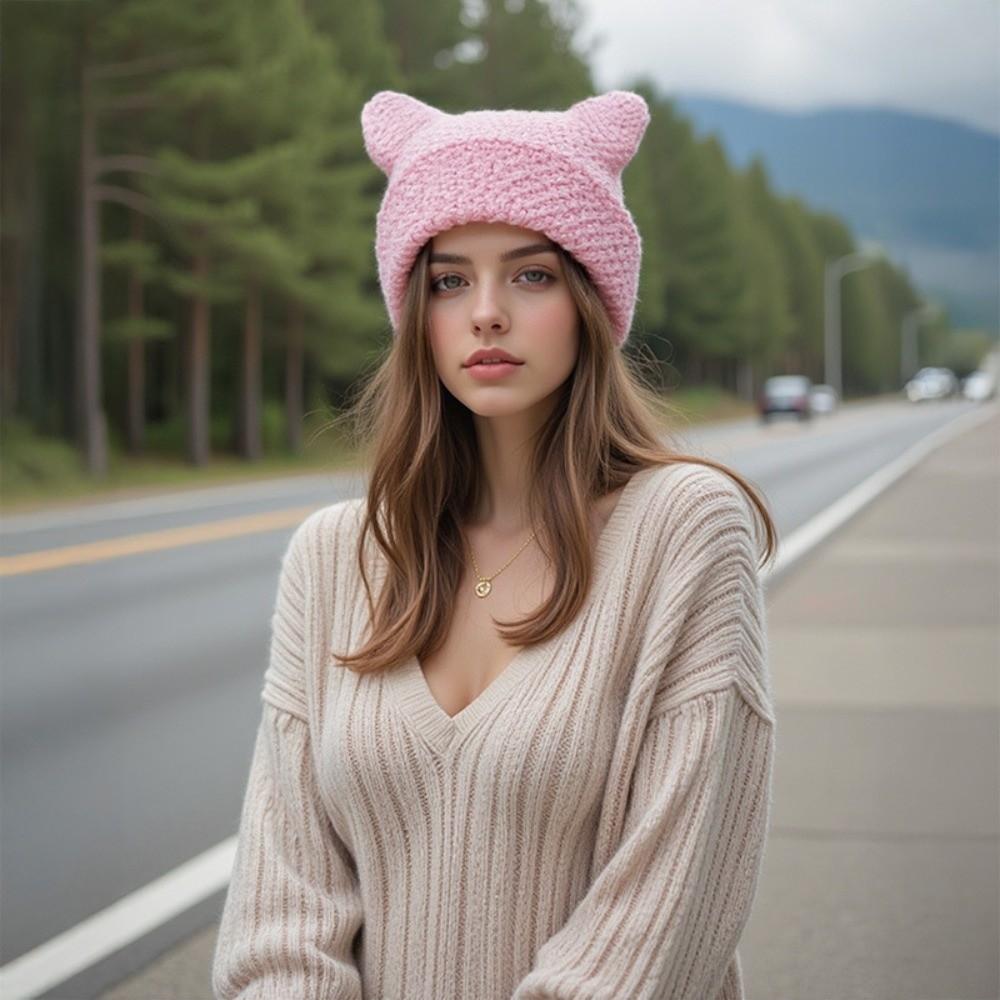 New Cat Ears Japanese Beanie Hat Striped Ins Little Devil Knitted Wool Cap Casual Cute Pointed Pullover Autumn Winter