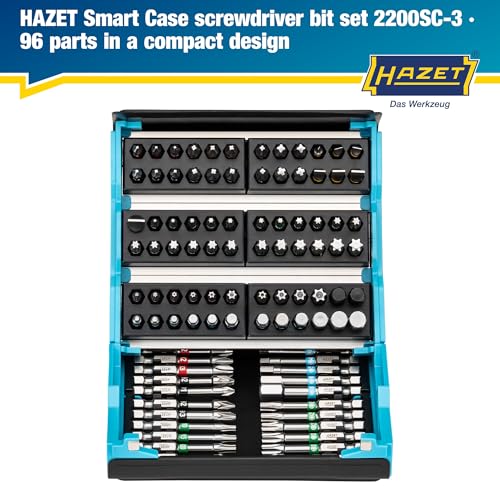 HAZET 2200SC-3 Bit Set, HAZET Blue, 96-piece set, 1/4 inch (6.3mm), Smart Case, Magnetic Closure, Foldable Storage, Includes Phillips/Slotted/Pozidriv