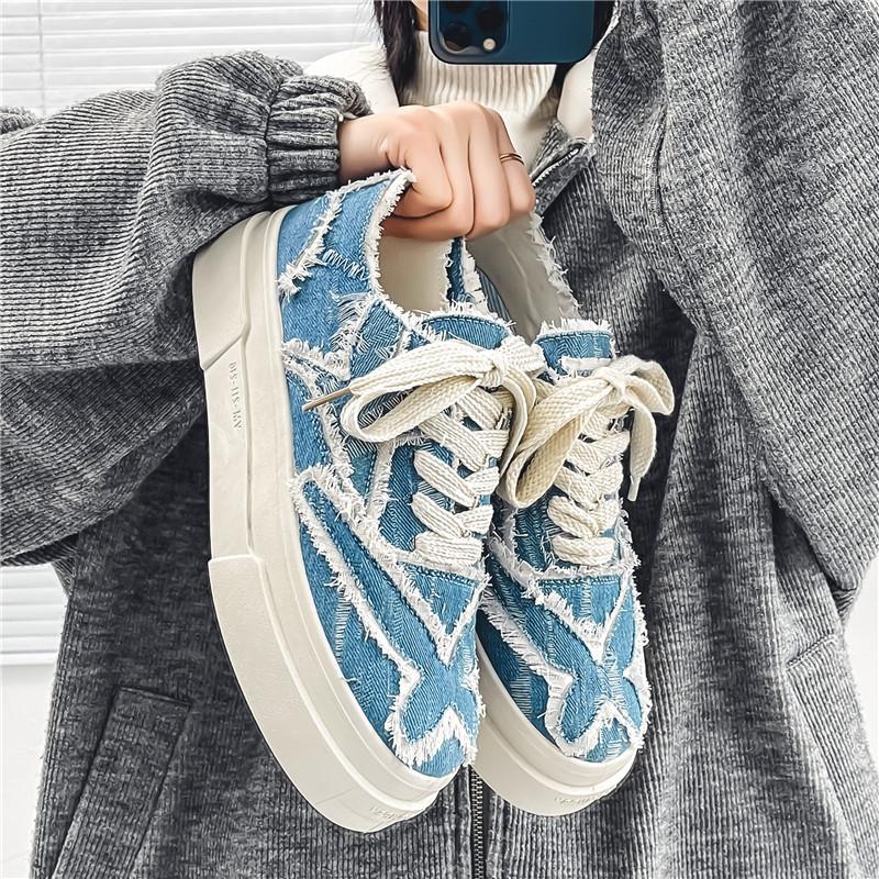 

Men s Distressed Denim Canvas Shoes Thick Sole Frayed Edge Casual Low-top Fashion Shoes 44 синій