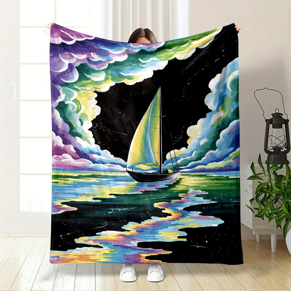 Sailboat on colorful ocean under starry sky. Flannel blanket for bedroom, living room, sofa, and nap sofas.