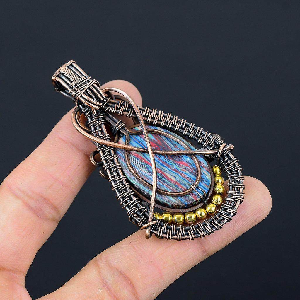 Rainbow Calcilica 999 Copper Wire Wrapped Pendant, Handmade Gemstone Pendant Jewelry, Gifts For Wife Brand New Pendant