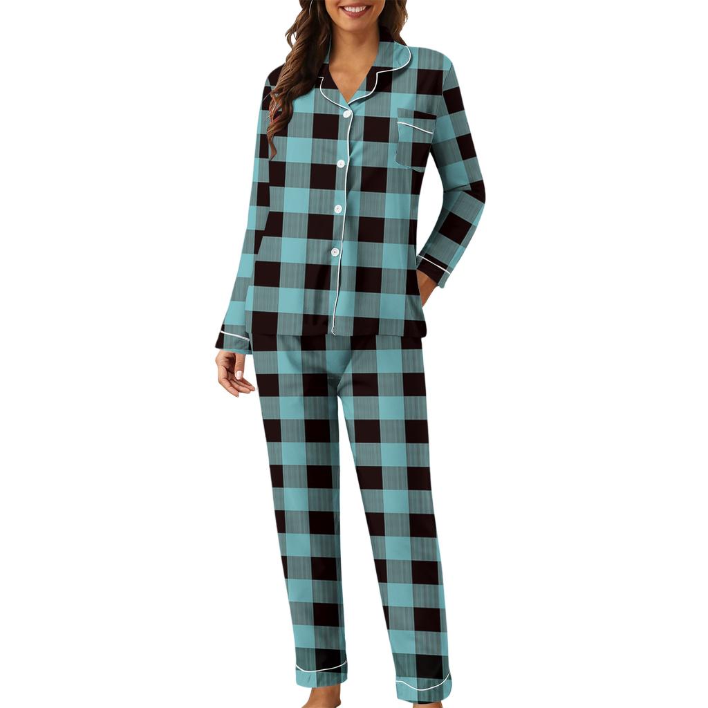 Women's Casual Fashion Plaid Patchwork Print Long-Sleeved Trousers Homewear Set