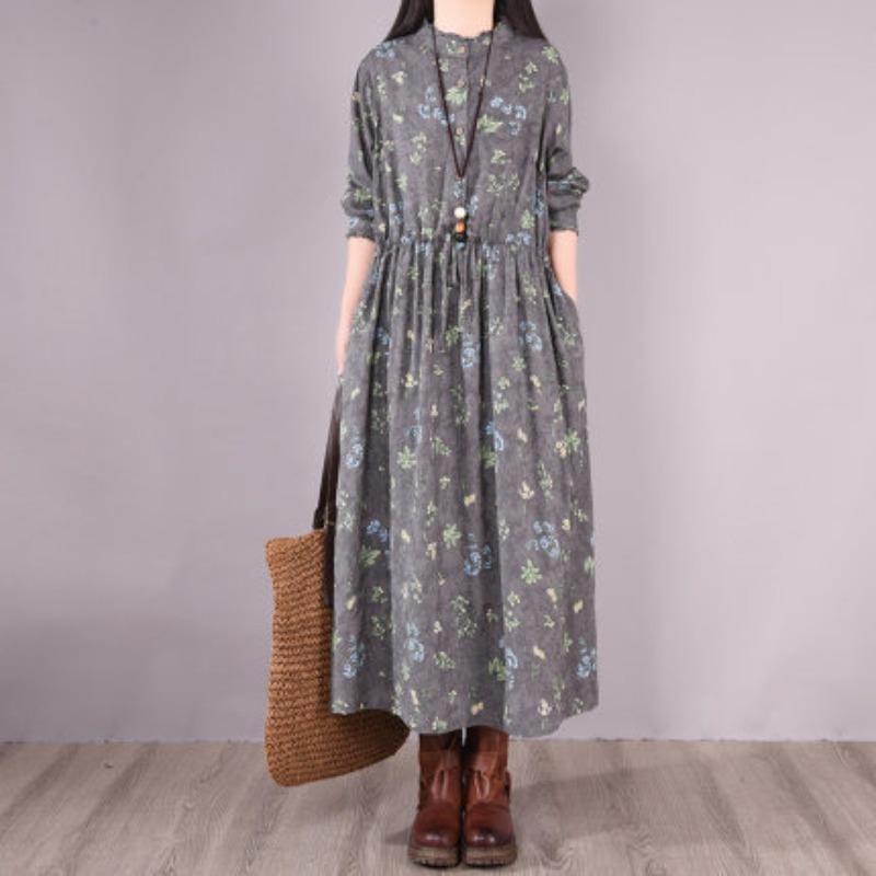 

Весеннее новое винтажное платье на шнуровке, плиссированное, свободного кроя, с длинным рукавом, из хлопка и льна для женщин M серый