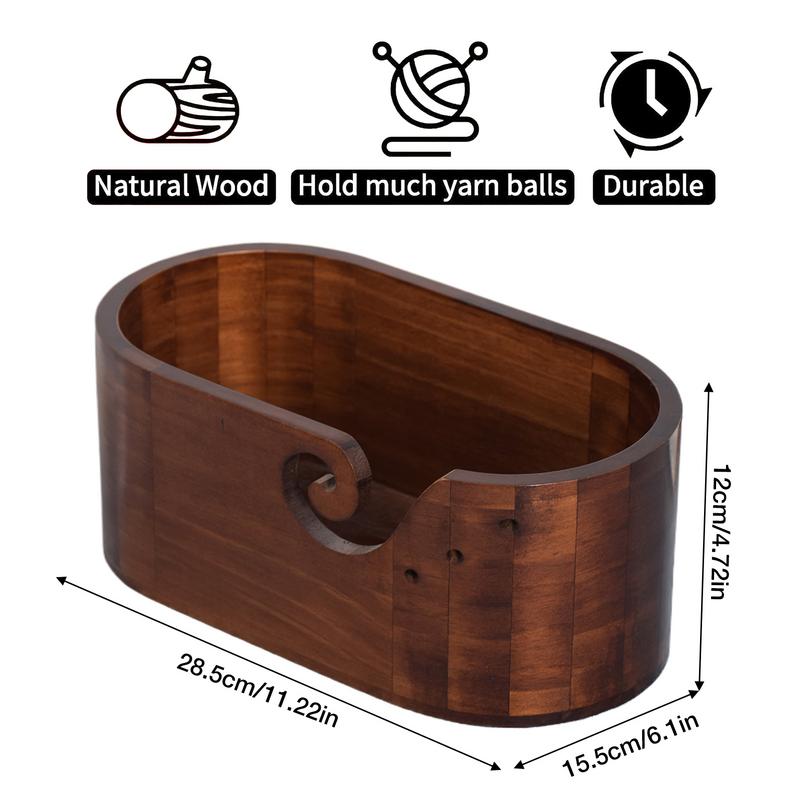 Wooden Yarn Bowl Large Size for Yarn skeins Oval Wooden Bowl with Carved Holes Crochet Hook Rests Portable Knitting Accessories