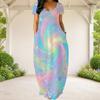 Women Plus Size Round Neck Short Sleeve Galaxy Printed Loose Maxi Dress With Side Pockets