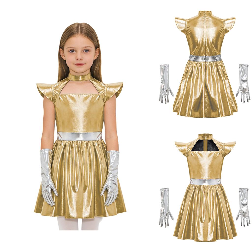 Kinderen Meisjes Buitenaards Cosplay Kostuum Uitgesneden Vliegende Mouw Metallic A-lijn Jurk met Handschoenen voor Halloween Robot Buitenruimte Feest