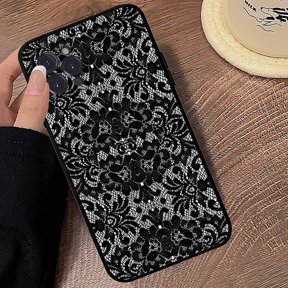 Black Lace Pattern Personalized Mobile Phone Case For IPhone 17 16 15 14 13 12 11 Pro Max Plus Mini Soft Black Cover