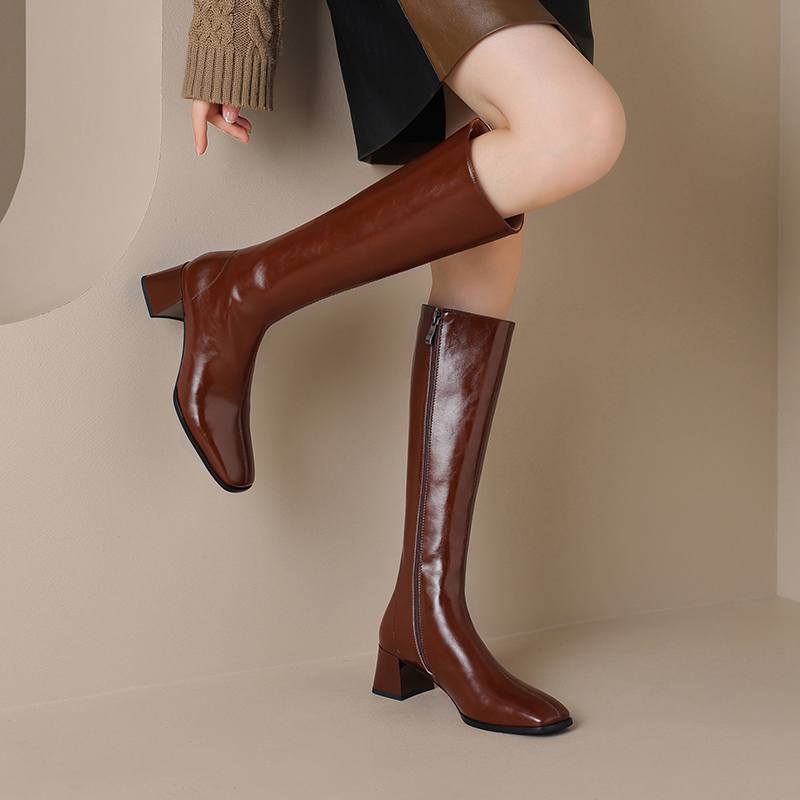 Krazing Pot Hovězí kůže Zimní hranatá špička Silné vysoké podpatky Jezdecké boty Dámské Zip Retro Vintage Vysoké boty na stehna