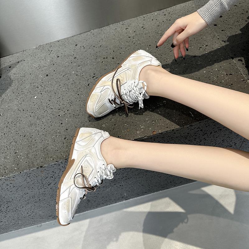 Women's Genuine Leather Retro Casual Sport Shoes with Two-Color Laces - Vintage Style Training Sneakers