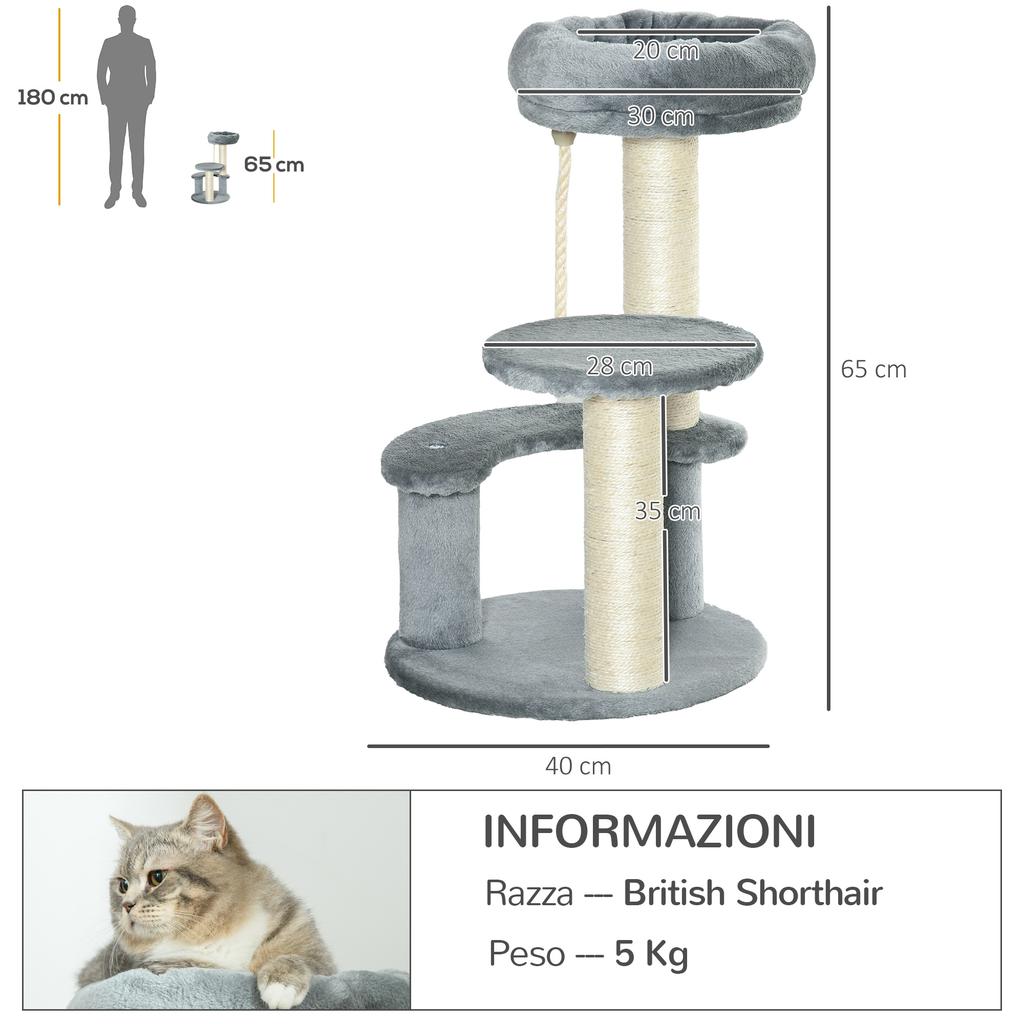 3-Tier Cat Tree with Platforms, Sisal Bed and Posts, Plush Cat Tower, Ø40x65 cm, Grey