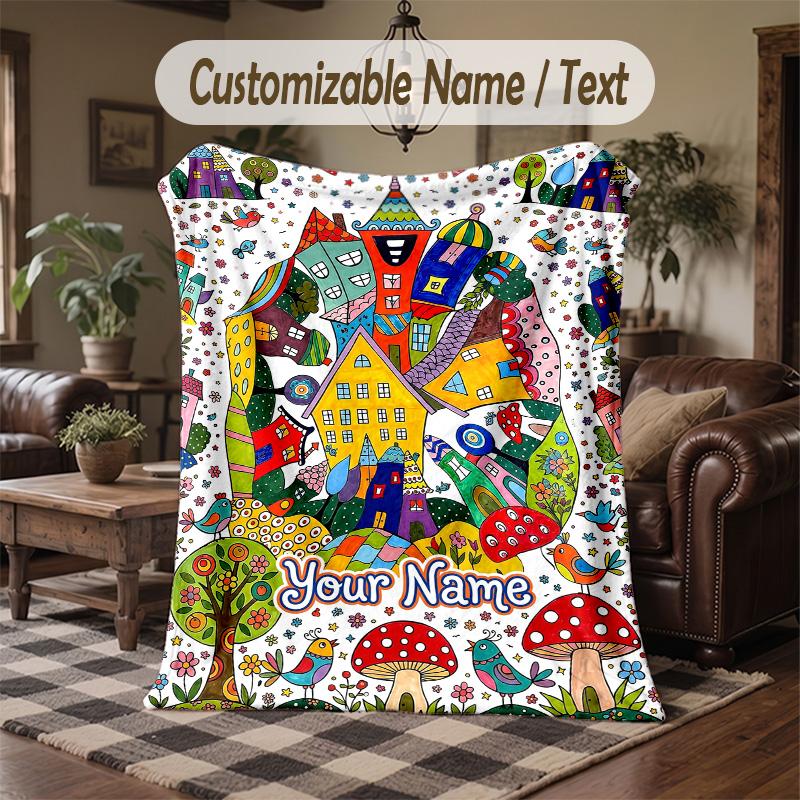 Whimsical Cat Mandala Art Theme Throw Blanket Custom Name Text Personalized Blanket Soft Cozy Blanket for Home Sofa Bed