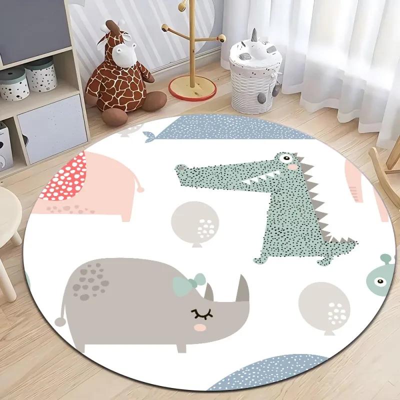 Cute Dinosaur Cartoon Round Rug, Soft Chenille Non Slip Floor Mat for Kids Room, Living Room, Nursery, Washable Area Rug