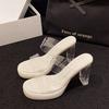 Square head high-heeled sandals women's outer wear leak-toed transparent high-heeled sandals women's fashion shoelaces summer thick heels