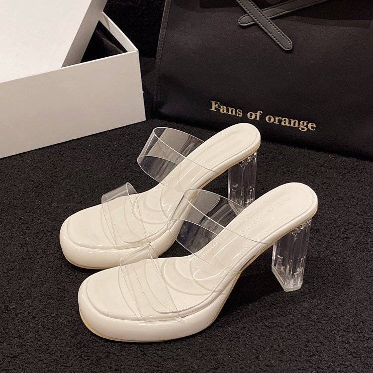 Square head high-heeled sandals women's outer wear leak-toed transparent high-heeled sandals women's fashion shoelaces summer thick heels