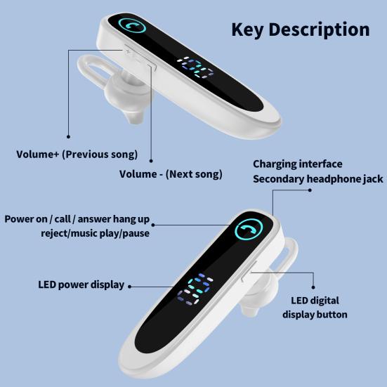 A20 Bluetooth-compatible Earphone Ear Hook Super Long Standby IPX7 Waterproof Single Business Wireless Headset with LED Display for Driver