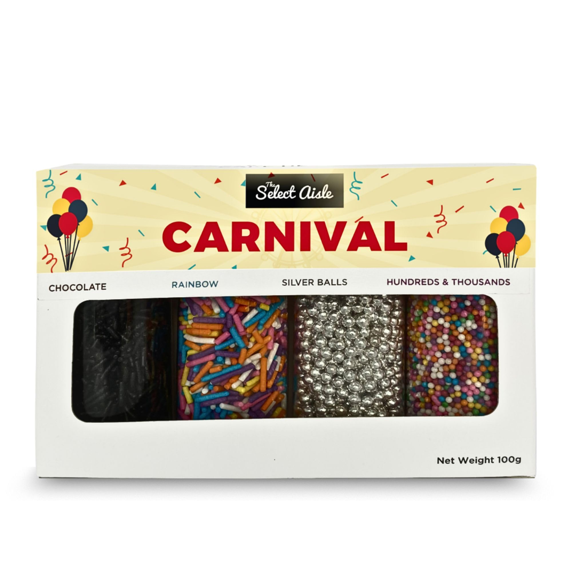 

The Select Aisle Carnival Sprinkles 100g | Themed Cake Sprinkles Combo Pack with Sugar Balls, Rainbow Confetti, Chips & Edible Cake Decoration To