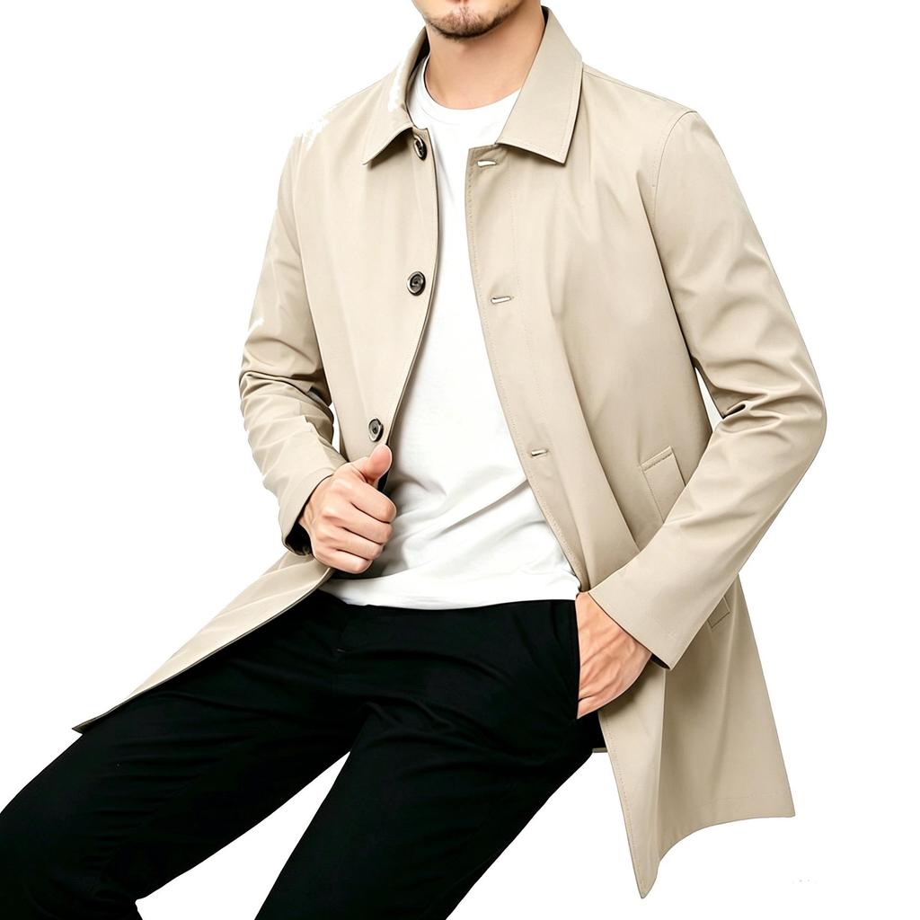 Men's High-Grade Mid-Length Casual Windbreaker Lapel Jacket for Spring, Summer, and Autumn