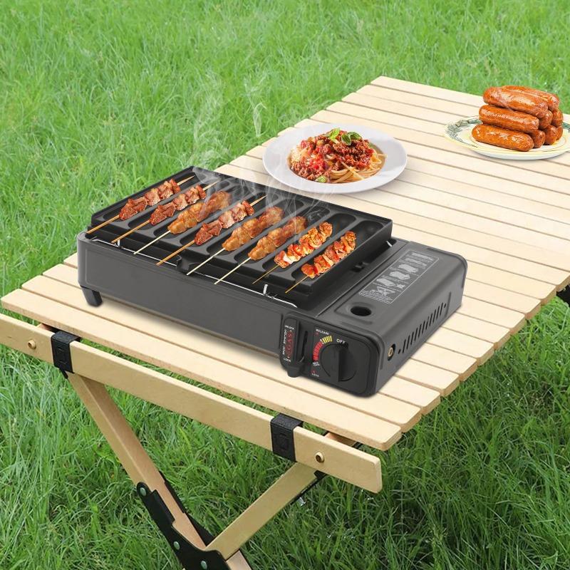 Gas Grill Stove with Sausage Grill Plate Plastic Box Portable Camping Butane Stove Adjustable Flame for Outdoor Picnic BBQ