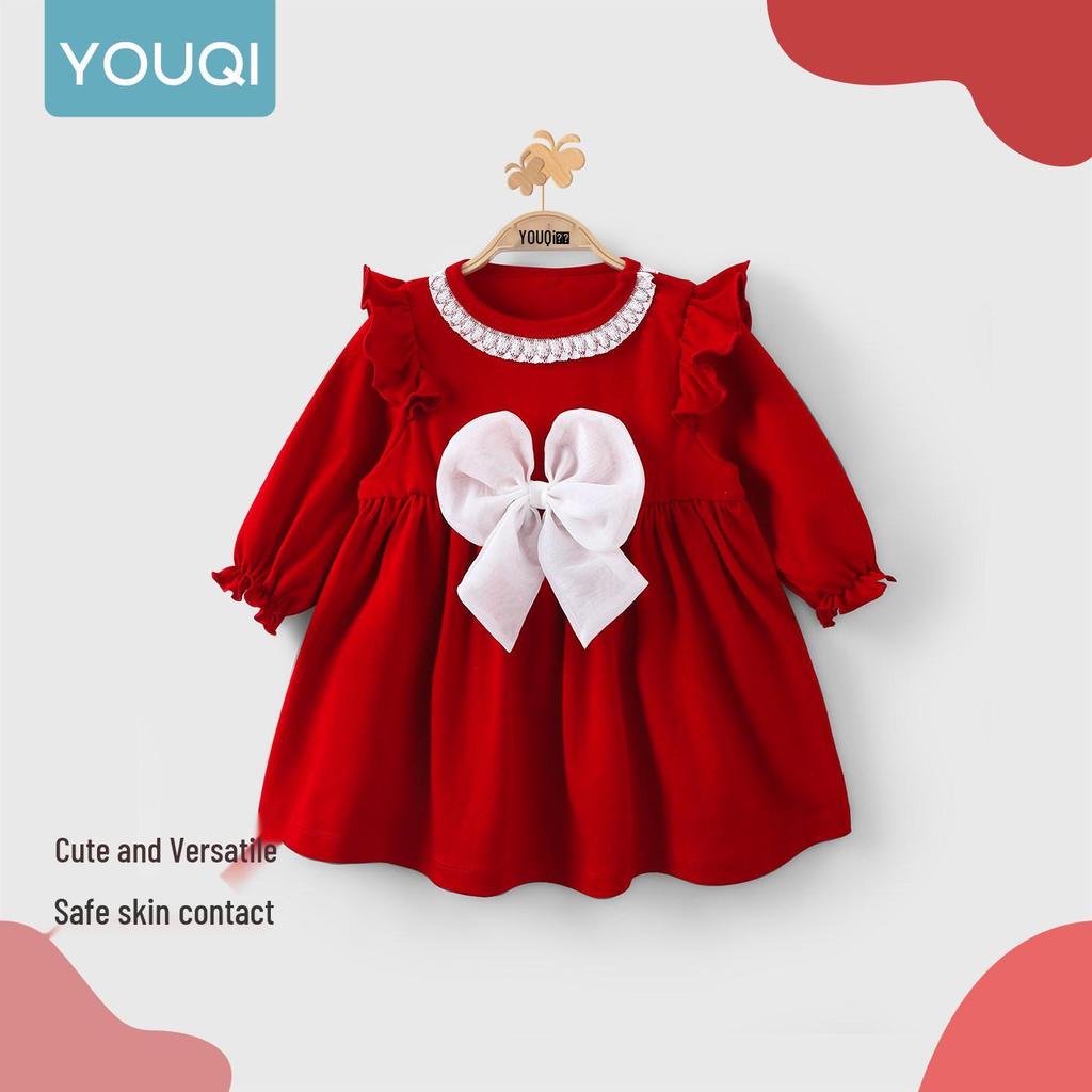 Youqi Red Princess Dress for Baby Girls' 100-Day and First Birthday Autumn Wear