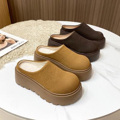 Vintage Platform Heel Women Warm Cotton Mules Slippers Fashion Cover Toe Slip On Shoes Ladies Comfort Outdoor Lazy Slides