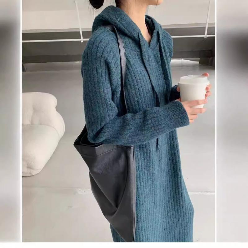Long base knitted dress women's autumn and winter new with coat inside loose lazy hooded sweater skirt