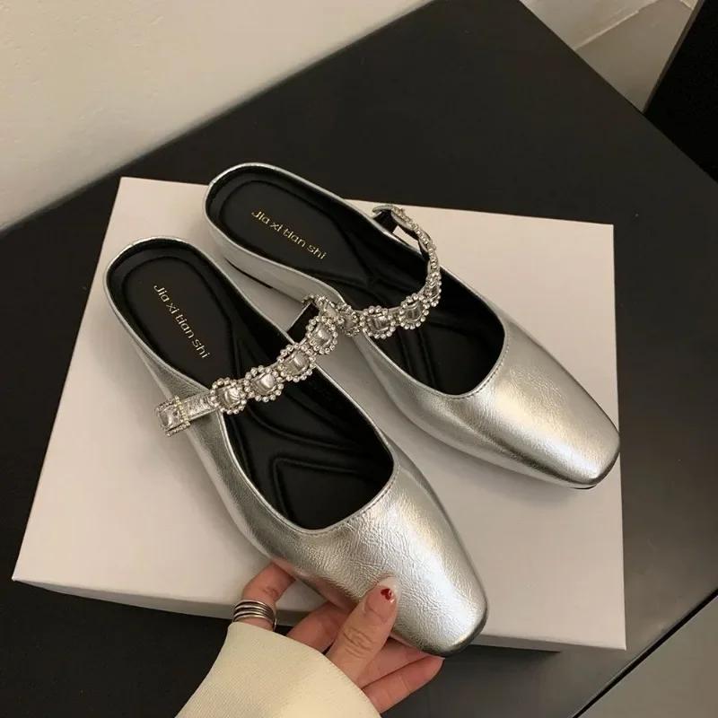 Fashion Luxury Crystal Women Slippers Pointed Toe Shallow Elegant Flats Shoes 2025 Spring Trend Designer Dress Party Sandalias De Mujer