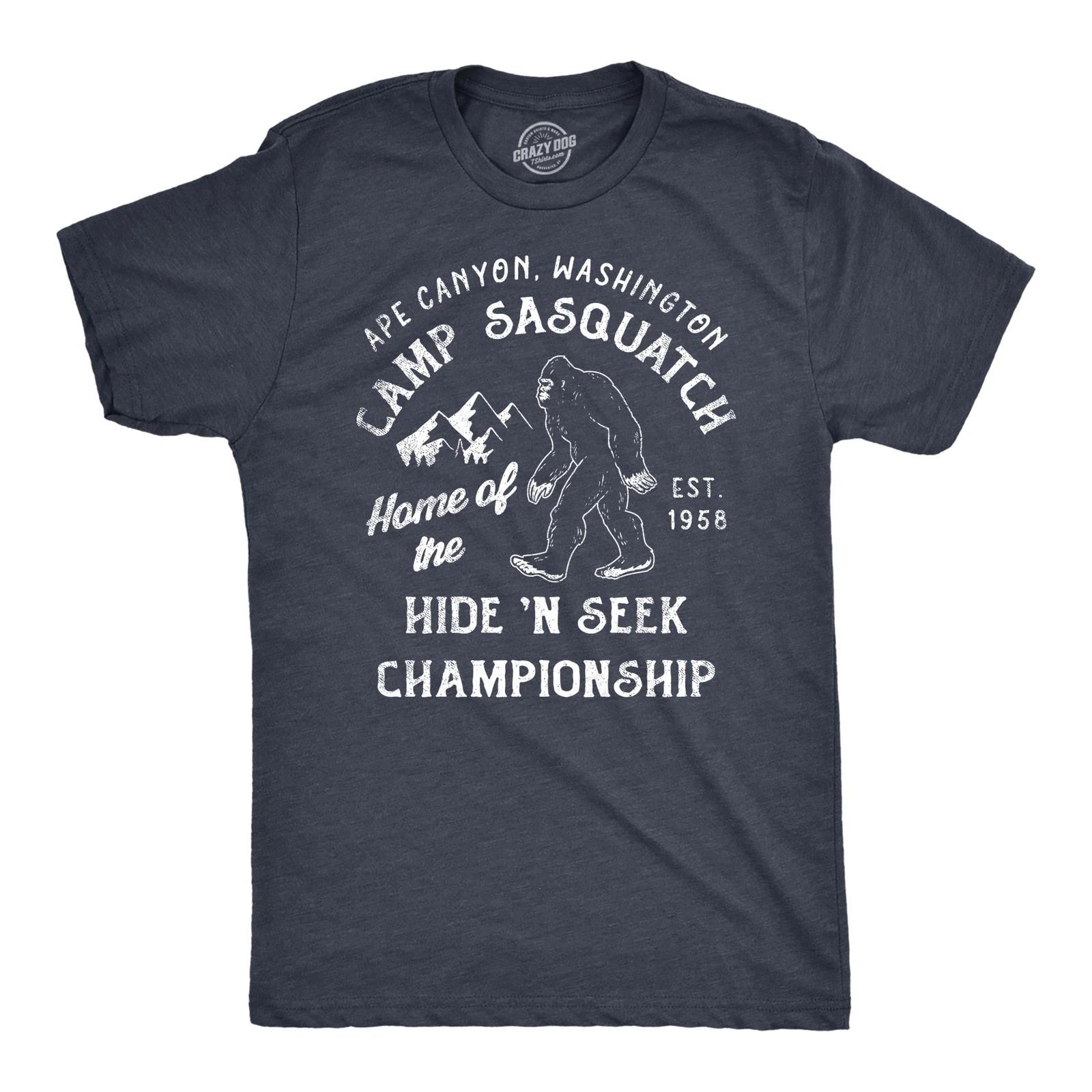 Mens Camp Sasquatch Home of The Hide and Seek Championship T Shirt Funny Bigfoot XL