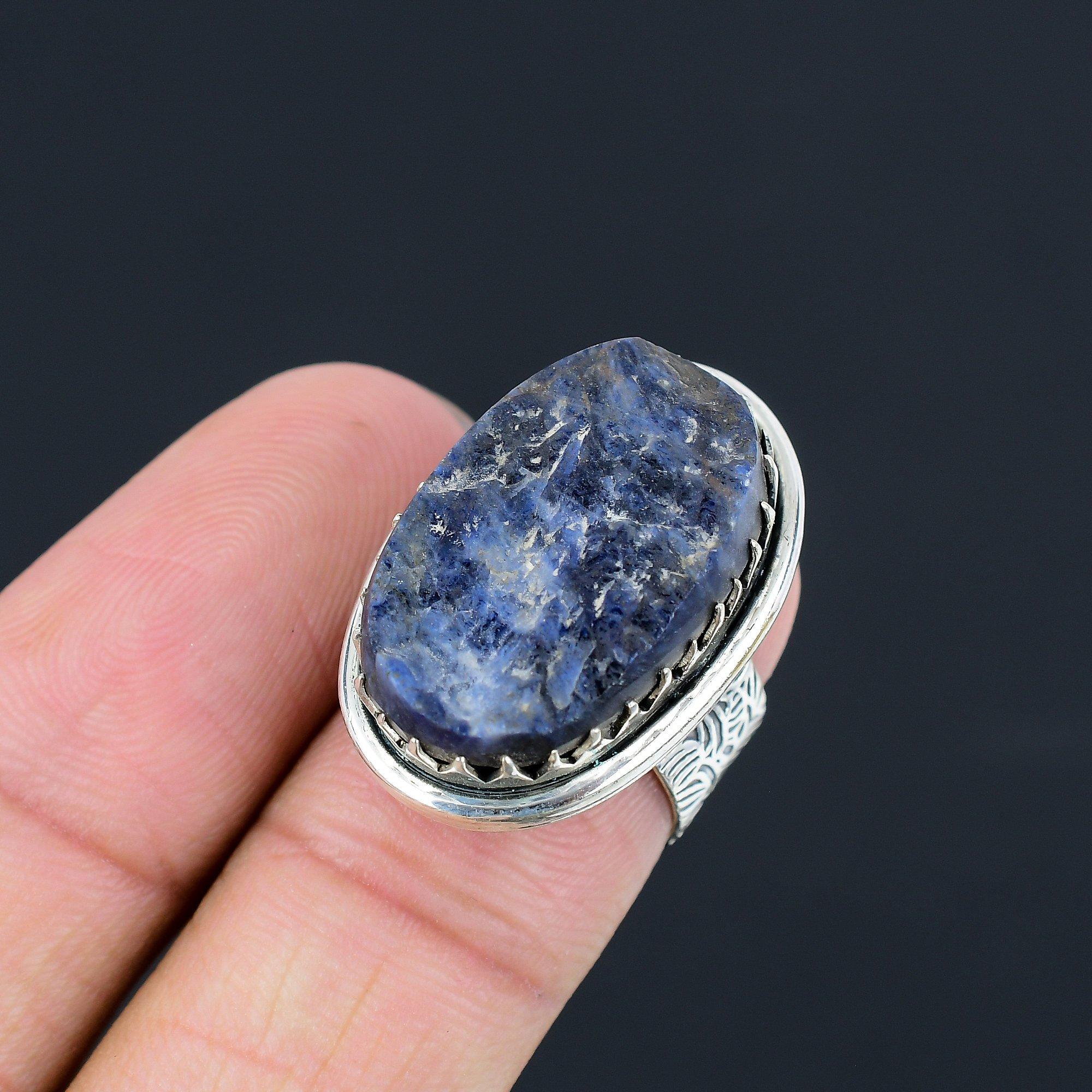 Natural Sodalite Rough Gemstone Solitaire Blue Ring Size 6.5 925 Sterling Silver 6.5