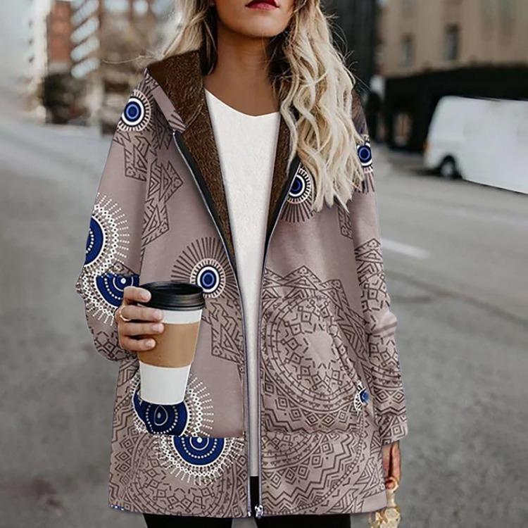 

Зимнее теплое женское повседневное ретро-пальто с капюшоном, принтом, карманами, на молнии, большого размера, утолщенная верхняя одежда 4XL кофейный