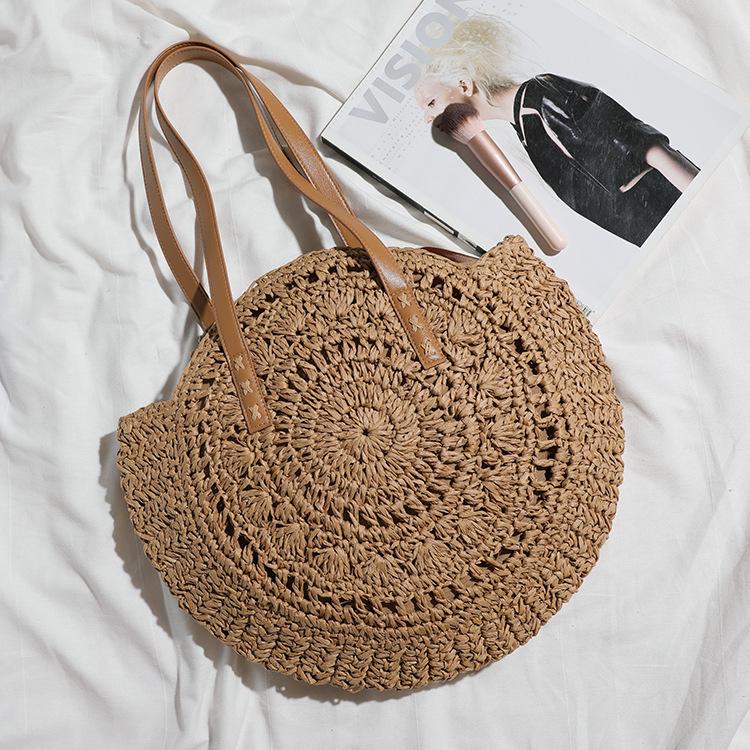 Round Ethnic Style Woven Shoulder Bag - Hollow Paper Rope Tote for Summer Beach and Commute