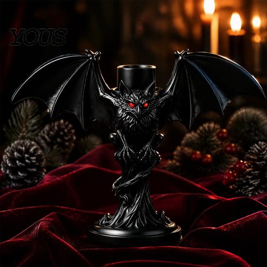 Halloween Bat Candle HolderGothic Tealight Holder Devil Holder, Gothic Winged Candlestick with Shadow Projection Red Eyes, Matte Black Sticks