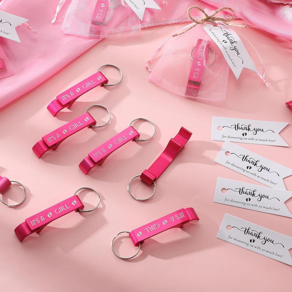 Maxcheck 50 Sets Baby Shower Bottle Opener Favors for Guest Includes It's a Girl Keychain Pink Bottle Opener Aluminum Keychain Baby Shower Thank You