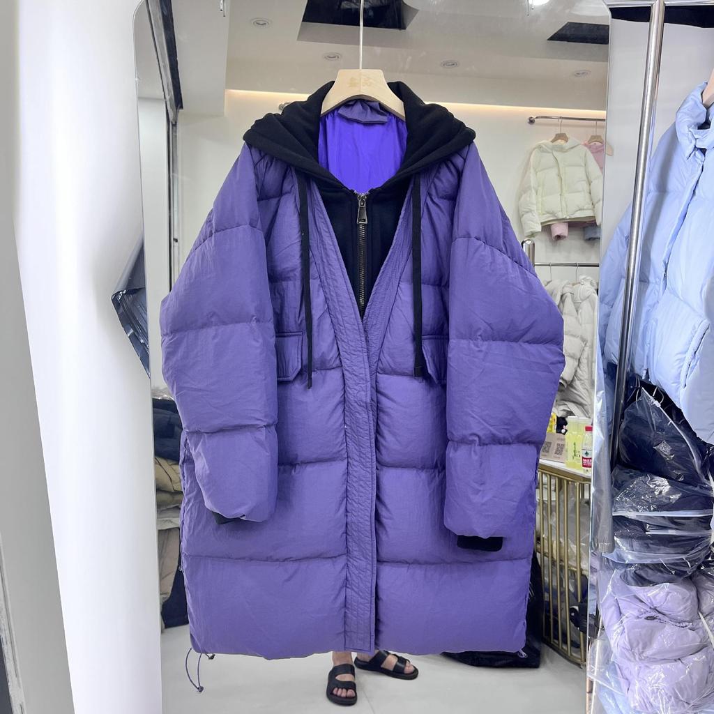 Winter Sweater Hat Fake Two-piece Down Jacket Women's Medium and Long Loose Large Size Thickened Warm White Duck Down Jacket