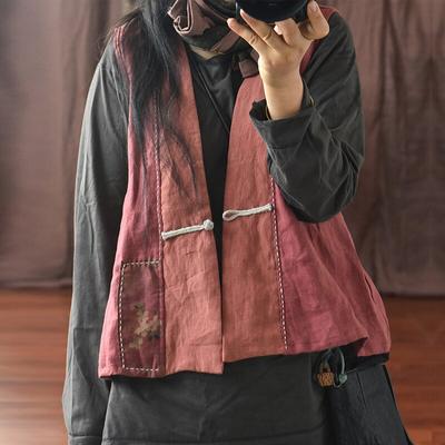 Women Vintage Vests Patchwork Linen Coats Autumn Button V-Neck Chinese Style Women Original Vests Coats