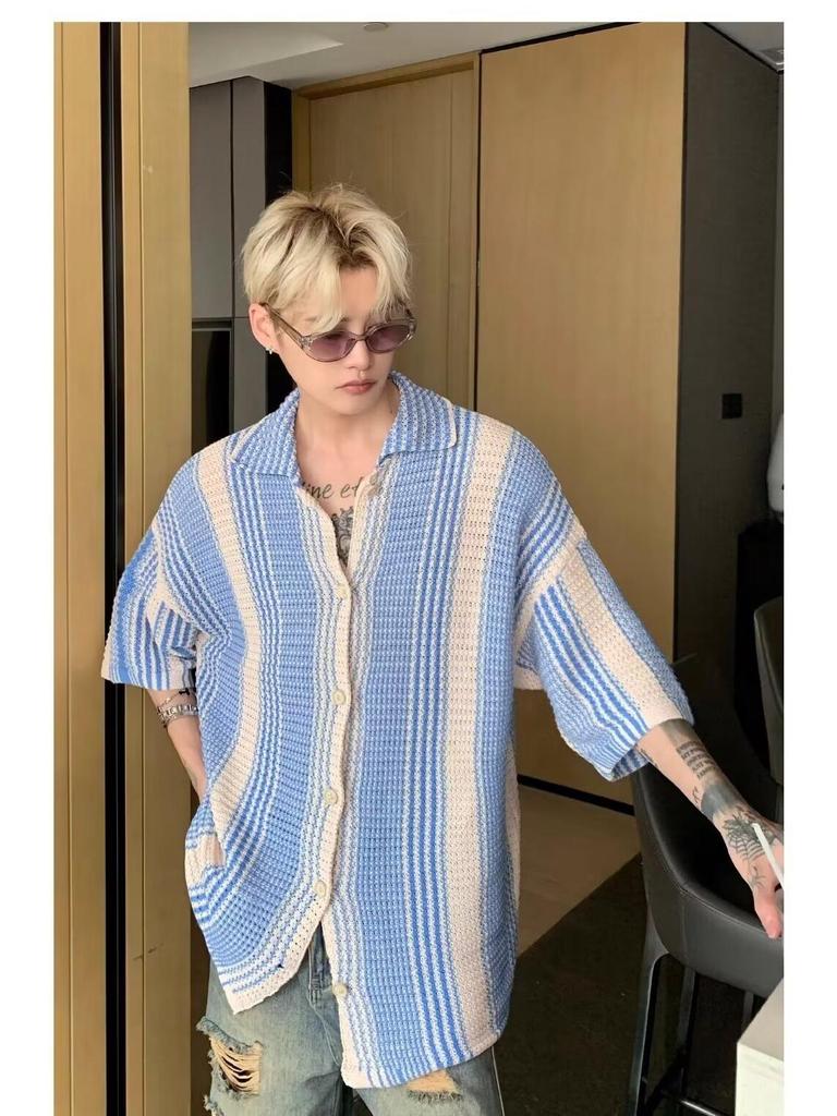 Korean Style Contrast Color Short-Sleeve Shirt - Men's Summer Trendy Loose Lapel Knitted Top