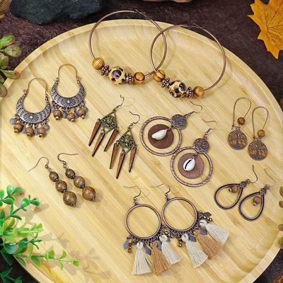 Vintage Bohemian Geometric Wooden Beads Hoop Hanging Earrings for Women Ethnic Elegant Antique Gold Color Drop Earrings Jewelry