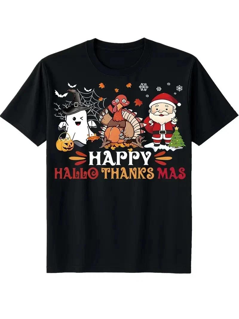 Men s & Women s Black Halloween & Christmas T-Shirt - Happy HALLO THANKSMAS Text XXXL
