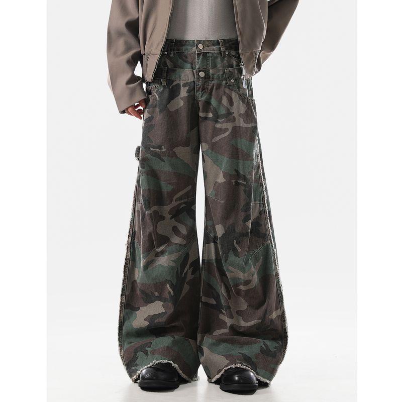 

Acrardic High Street Design Double Waistband Camouflage Scimitar Jeans for Men, American Style Cool Frayed Wide-Leg Pants Camouflage 2XL