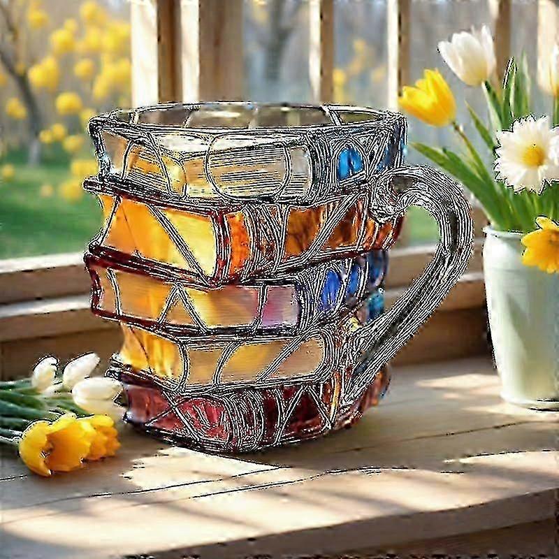 Painted Book Mug, 3D Painted Glass Book Mug for Hot Or Cold Drinks, Novelty Books Stack Shaped Coffee Mug Gifts for Book Lovers Friends