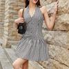 Summer New Neck Plaid Dress, Sexy Spice Girl Halter Strap Waist Strap A Word V Neck Skirt