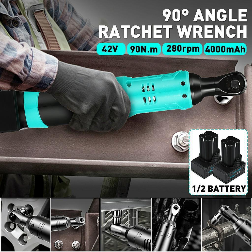 4000mAh 3/8" Electric Wrench Cordless Ratchet Rechargeable Scaffolding 90 N.m Right Angle Wrench Tool + 1/2 Battery Charger Socket Kit