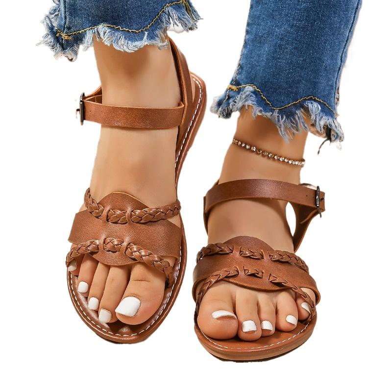 Fashion Shoes Female 2024 Hot Sale Plus Size Women's Sandals Fashion Buckle Strap Casual Sandals Women Summer Peep Toe Flat Sandals