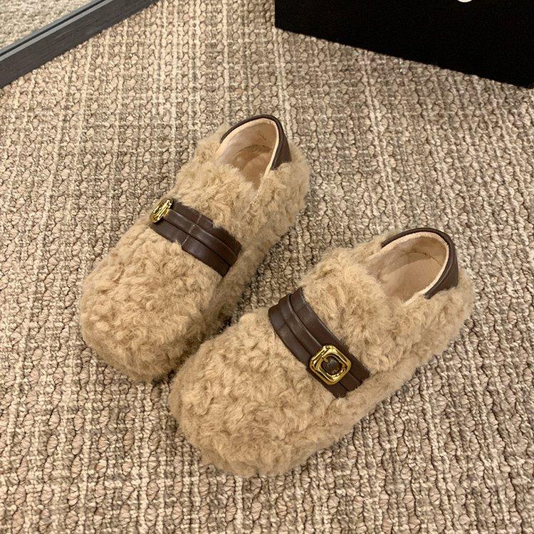 Two Women Wearing Fluffy Shoes 2025 New Autumn and Winter Thick-soled Heightening Belt Buckle Piled Thickened One Pedal Cotton Shoes Women
