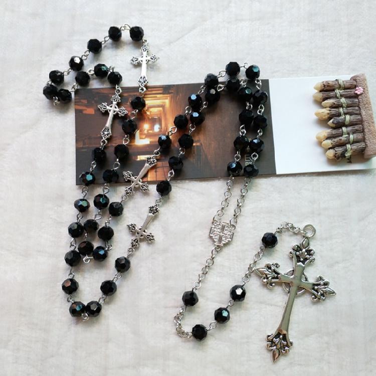 Retro Long for Cross Pendant Necklace Black Crystal Rosary Religious Jewelry