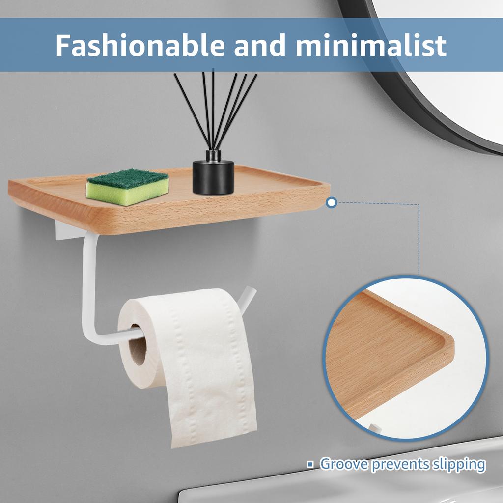 Toilet Paper Holder with Wood Shelf Wall Mount Tissue Paper Roll Holder Minimalist Toilet Paper Holder Rack Toilet Paper Roll