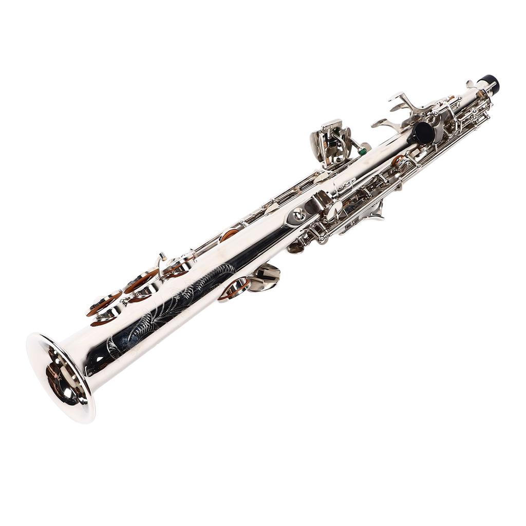 Soprano Bb Saxophone Straight Sax Set with Brass Pipe Body White Keys Woodwind Instrument Silver
