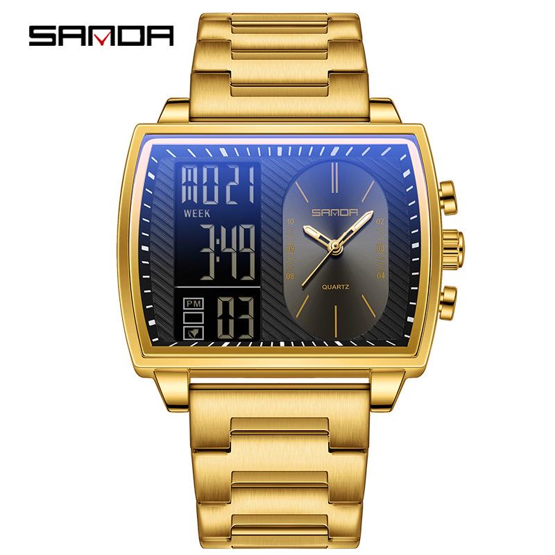 שעון ספורט רב-תכליתי עמיד למים לגברים מבית Sanda עם תצוגה כפולה מסוגננת.