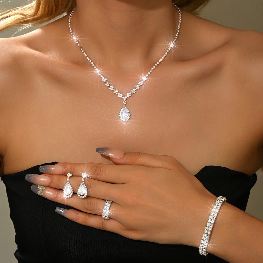 Brautschmuck Halskette Armband Set Strass Zirkon Hochzeitskleid Damen Hochzeitsaccessoires Premium Zweiteiliges Set
