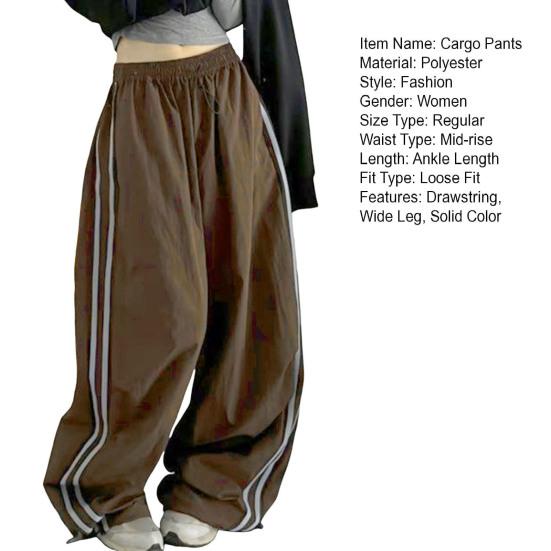 Women Cargo Pants Elastic Waist Drawstring Hem Casual Pants with Pockets Side Stripes Wide Leg Sport Pants Streetwear